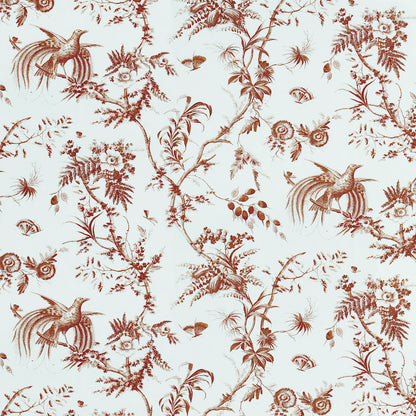 Cream background with red-brown toile-inspired vines, flowers & hummingbirds; decorative wallpaper & textile.