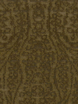 Olive-brown damask patterned drapery fabric with muted geometric floral motifs; woven texture.