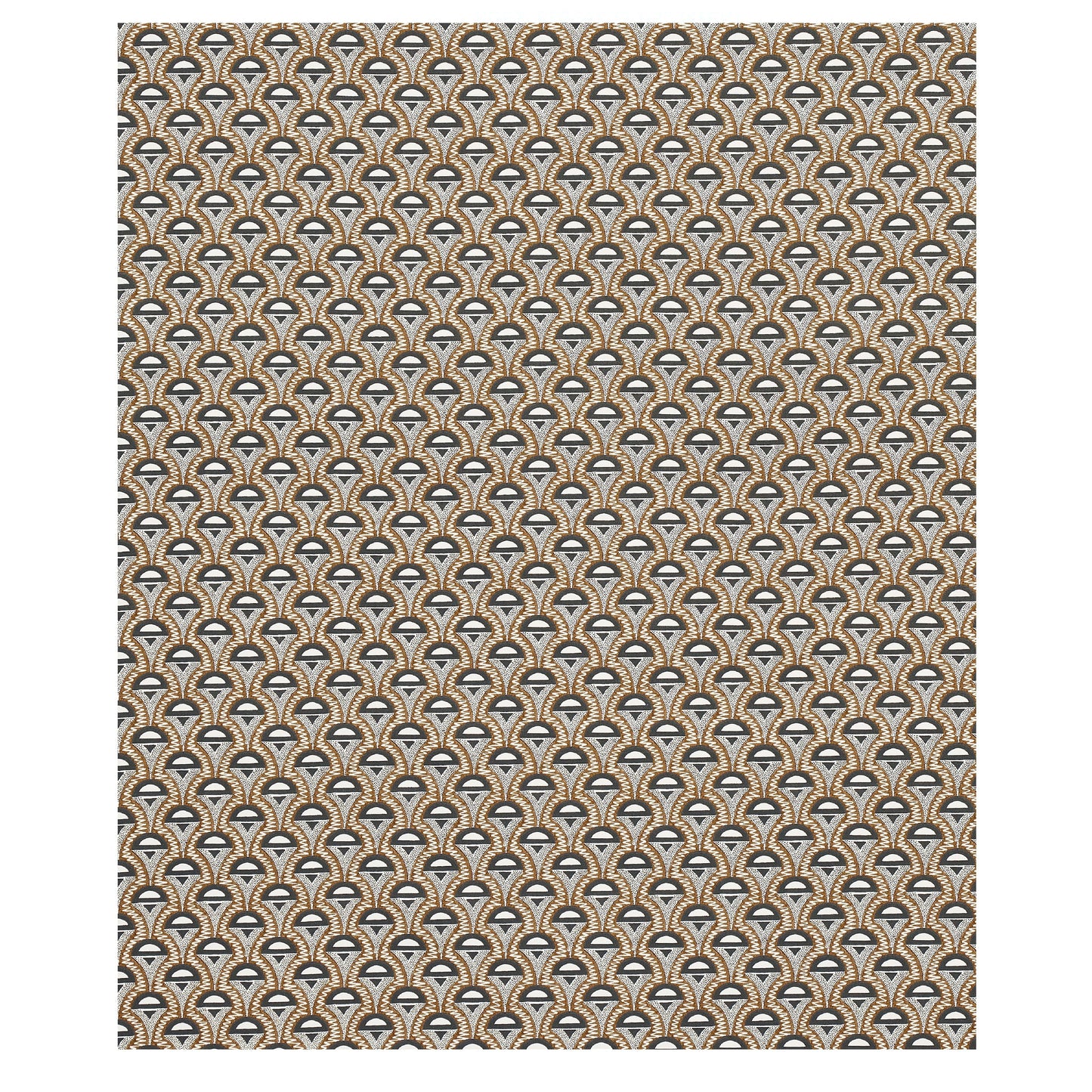 Repeating arch pattern in brown, beige and black on a light background; vintage geometric textile/wallpaper design.