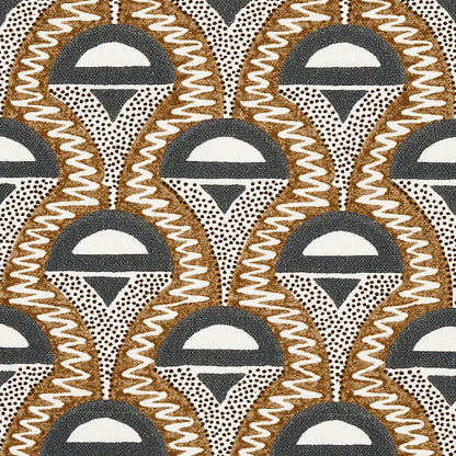 Geometric retro pattern with brown, gray and white teardrop shapes, dotted backdrop; fabric/woven look.