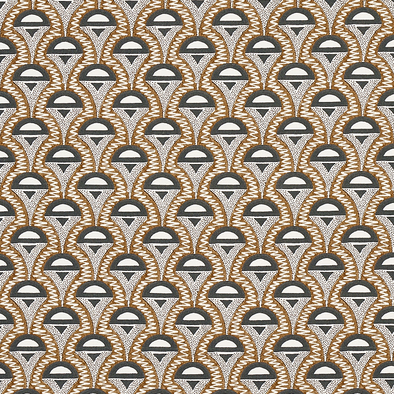 Repeating art deco pattern on fabric: brown scalloped arches with cream zigzag borders and gray half-moon shapes.