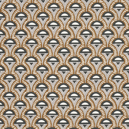 Repeating art deco pattern on fabric: brown scalloped arches with cream zigzag borders and gray half-moon shapes.