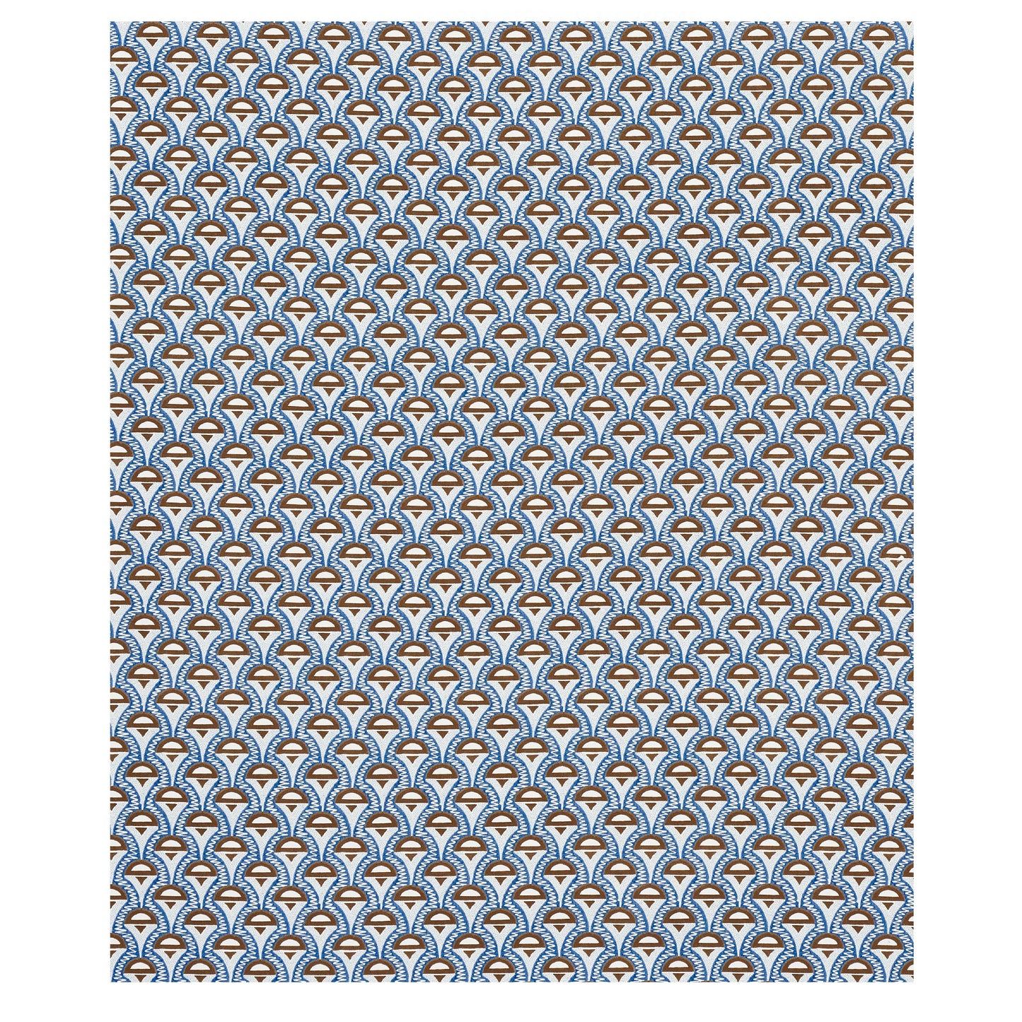 Blue and white repeating fan-pattern textile with orange-brown accents; retro geometric fabric print.