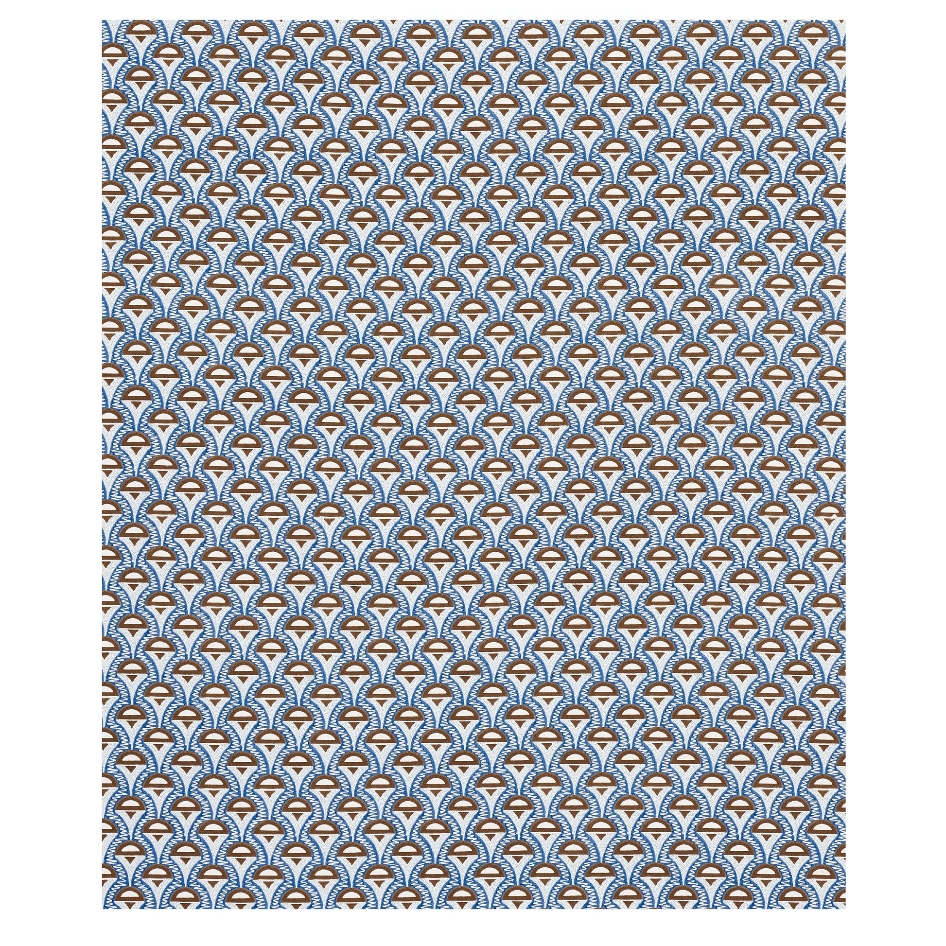 Blue and white repeating fan-pattern textile with orange-brown accents; retro geometric fabric print.