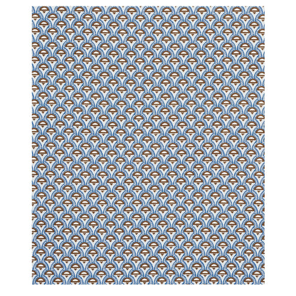 Blue and white repeating fan-pattern textile with orange-brown accents; retro geometric fabric print.