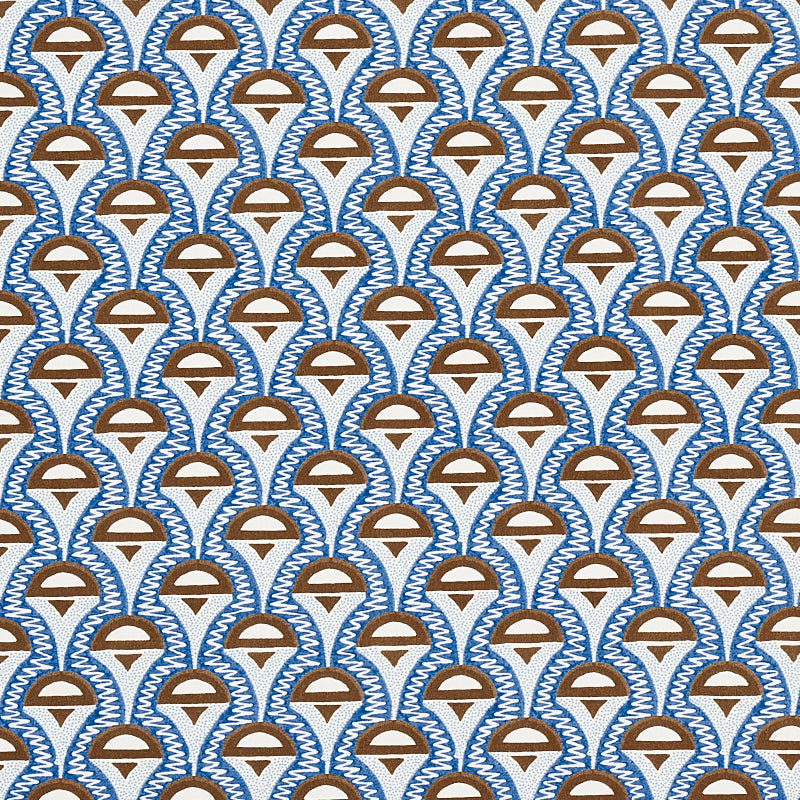 Blue scalloped geometric print with brown arches on white fabric; retro textile pattern for upholstery or clothing.