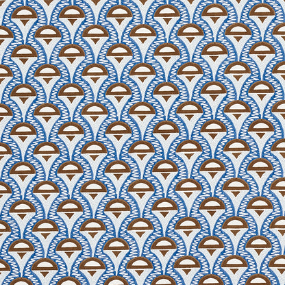 Blue scalloped geometric print with brown arches on white fabric; retro textile pattern for upholstery or clothing.