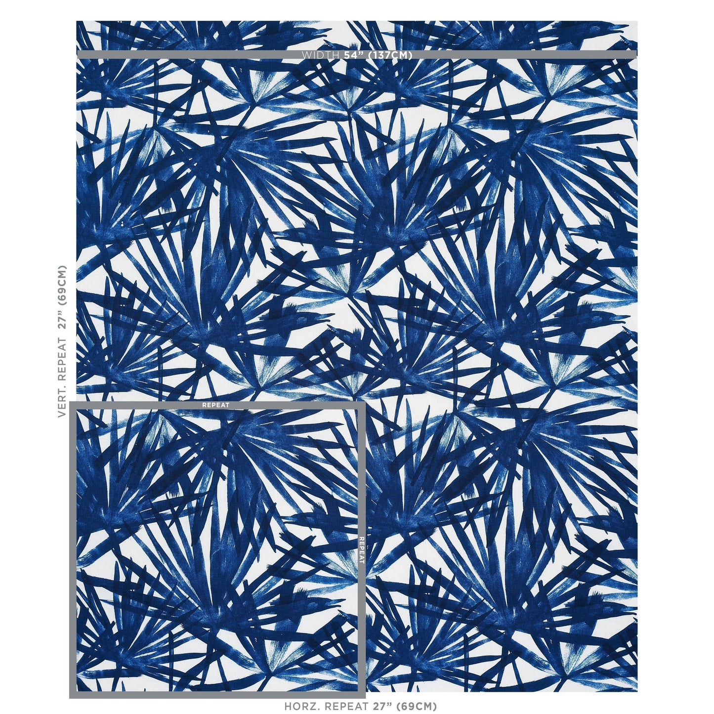 Deep blue palm leaf botanical print on white linen, seamless repeat textile pattern, ideal for scarves or home decor.