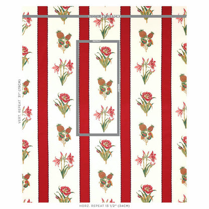 Cream wallpaper with bold red vertical stripes and pink floral bouquets in a vintage botanical print.