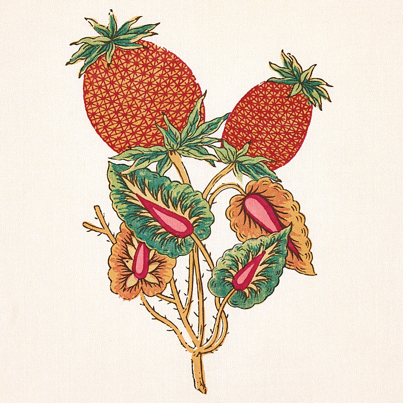 Vintage botanical illustration of two red strawberries with green leaves on a cream background.