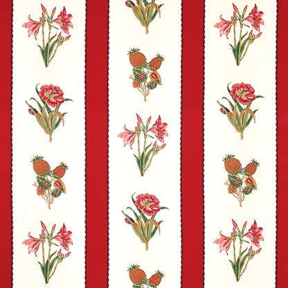 Vertical red-bordered stripes with white panels featuring pink flowers and small berry clusters in a vintage botanical motif.