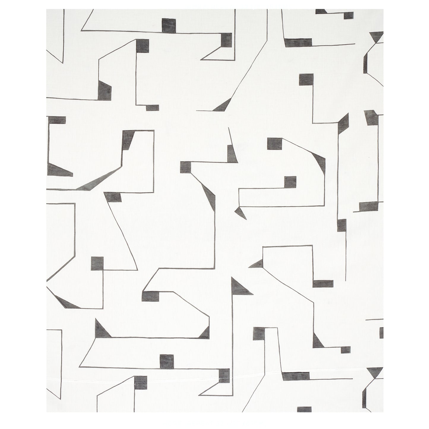 Abstract geometric pattern with angular black lines and small square accents on a white background