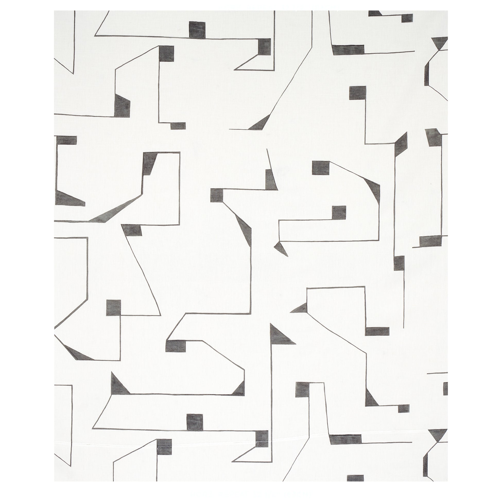 Abstract geometric pattern with angular black lines and small square accents on a white background