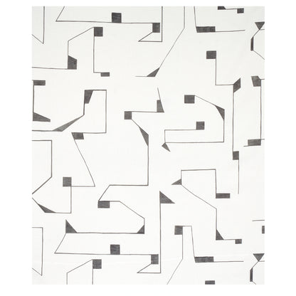 Abstract geometric pattern with angular black lines and small square accents on a white background