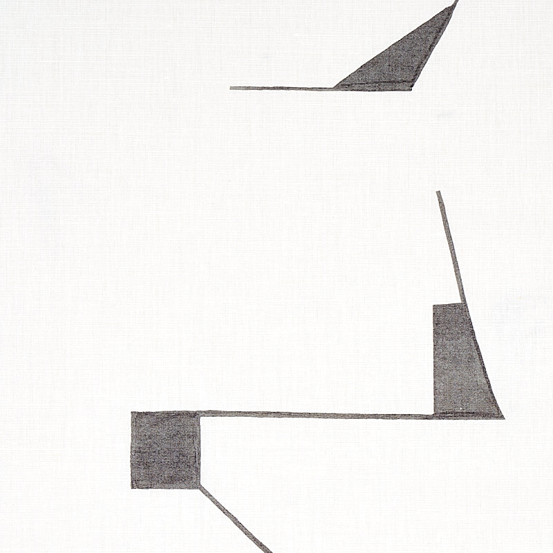 Abstract grayscale geometric print with straight lines, rectangular blocks and triangular wedges on white background.