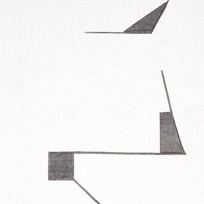 Abstract grayscale geometric print with straight lines, rectangular blocks and triangular wedges on white background.