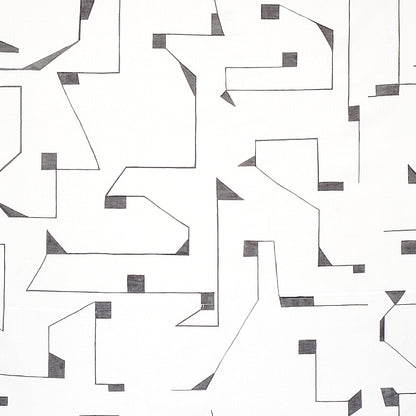Abstract geometric pattern in black and gray angular lines with small square accents; contemporary decor print.