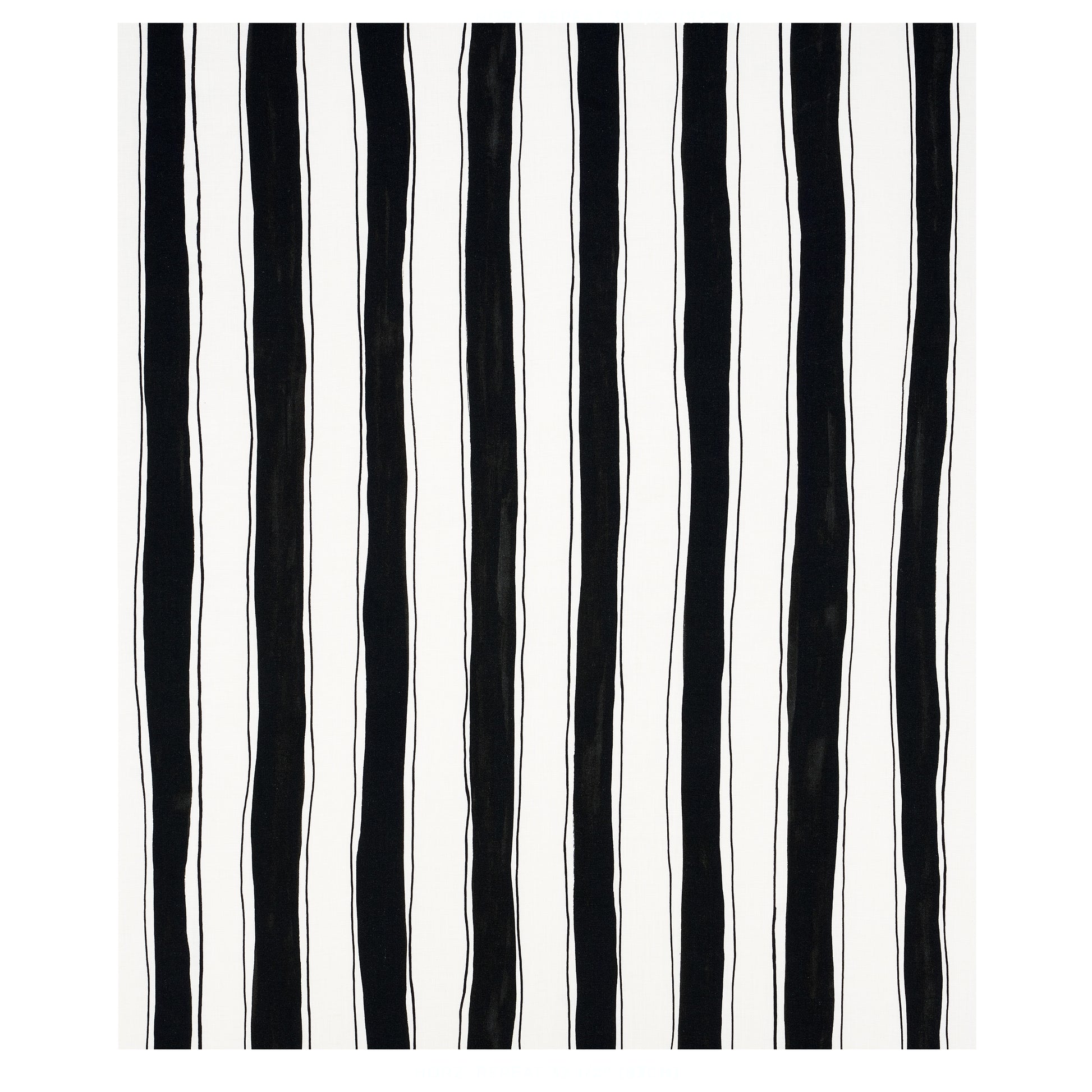 White fabric with bold, slightly wavy vertical black stripes in a modern striped pattern.
