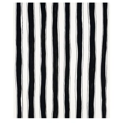 White fabric with bold, slightly wavy vertical black stripes in a modern striped pattern.