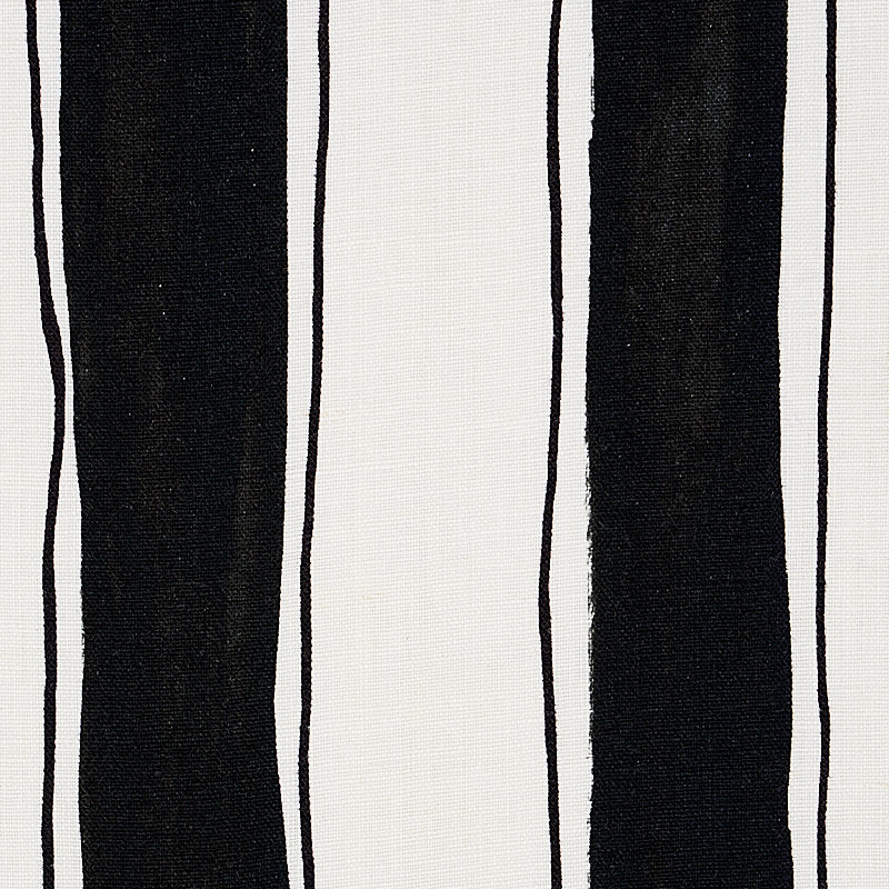Beige linen-look fabric with tall black vertical stripes; bold striped textile for upholstery.
