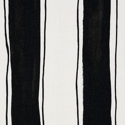 Beige linen-look fabric with tall black vertical stripes; bold striped textile for upholstery.