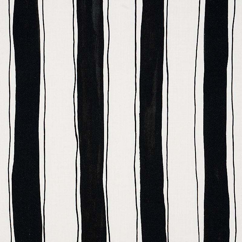 White fabric with irregular black vertical stripes; bold modern monochrome textile pattern for curtains or upholstery.