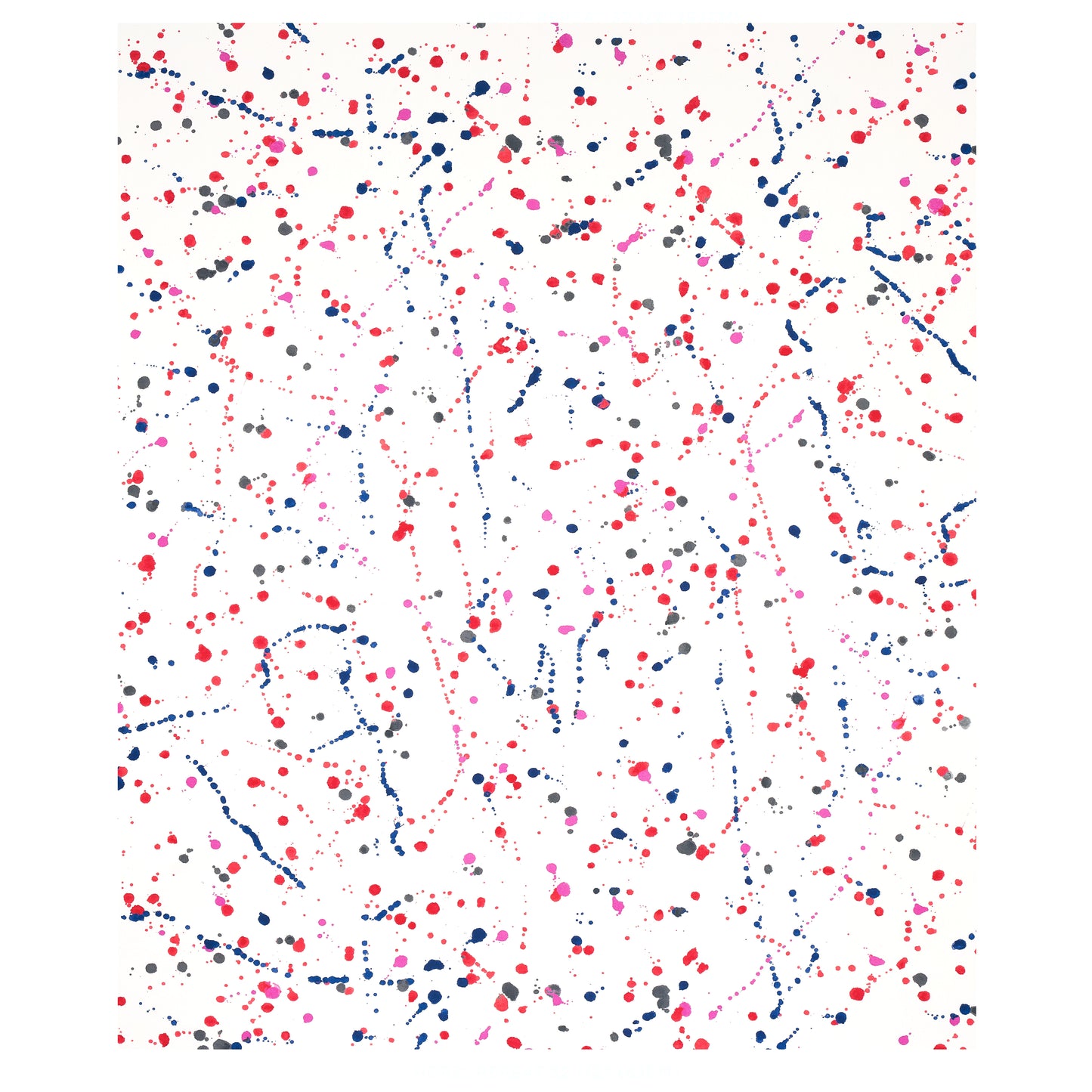 White canvas with abstract paint splatter: pink, red, blue dots and dotted lines in a random pattern.