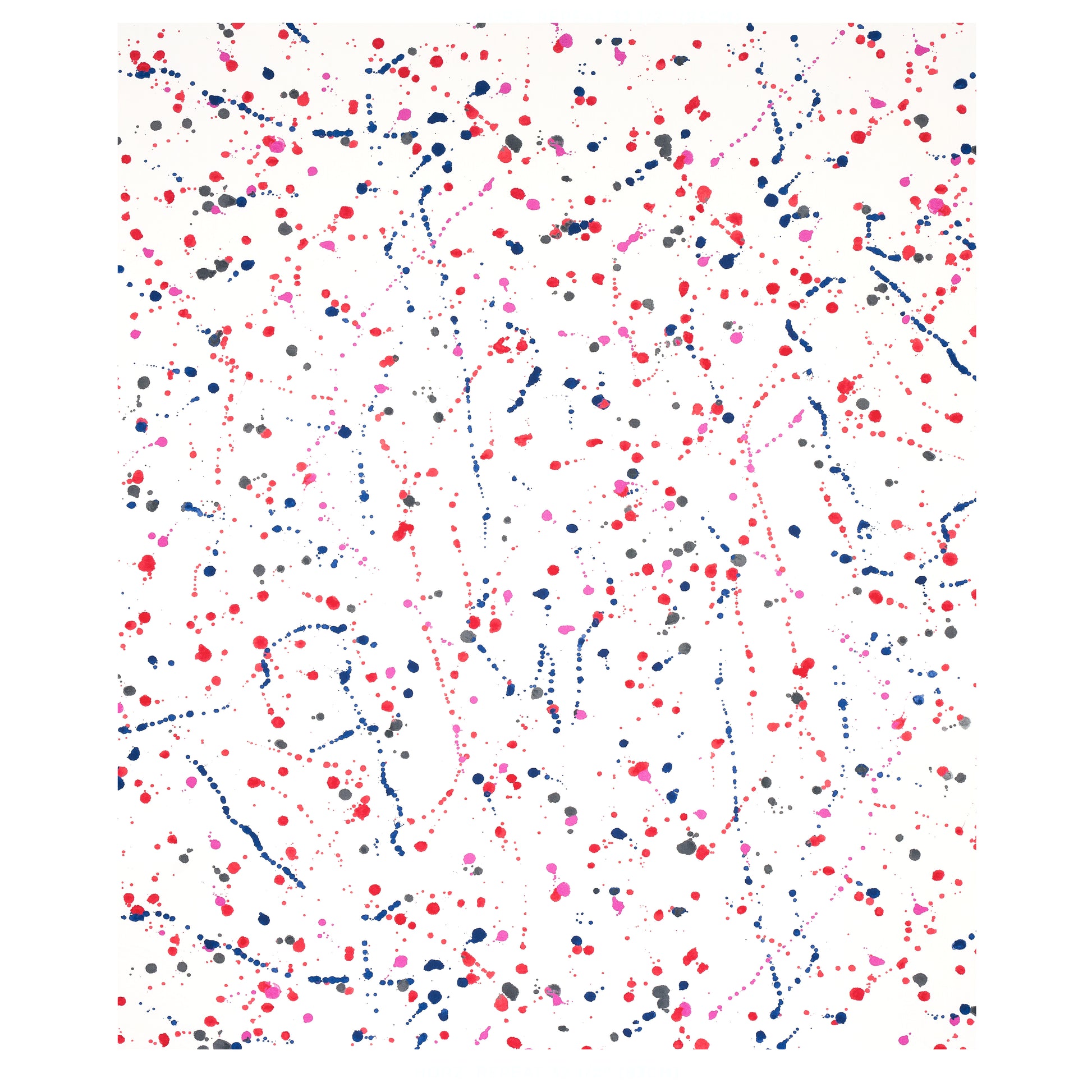 White canvas with abstract paint splatter: pink, red, blue dots and dotted lines in a random pattern.