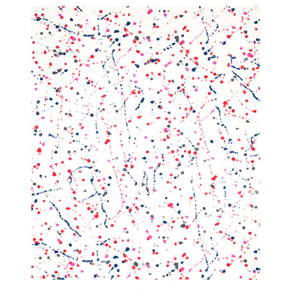 White canvas with abstract paint splatter: pink, red, blue dots and dotted lines in a random pattern.