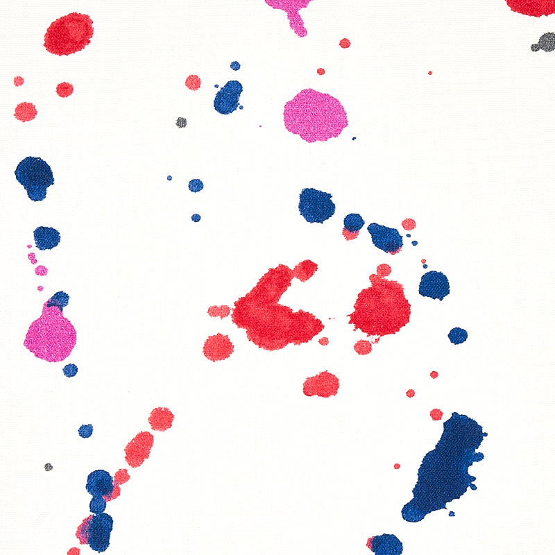 White background with bright red, pink, and blue watercolor paint splatters and blobs.