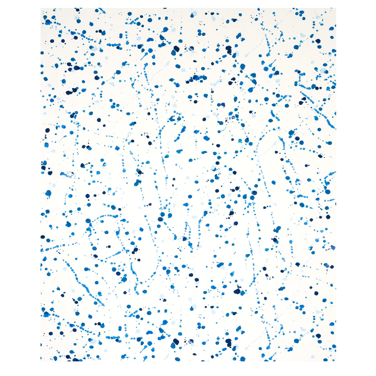 Blue splatter pattern in varying shades with dots and lines, abstract splash, modern wall art print.