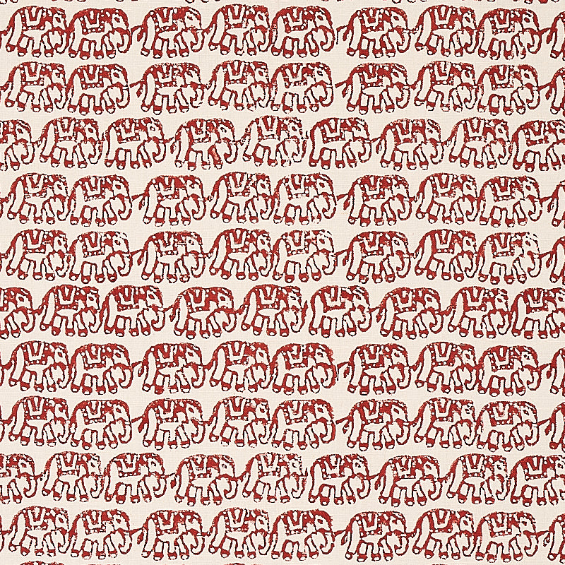 Repeating pattern of red elephants on beige fabric, stylized elephants with raised trunks.