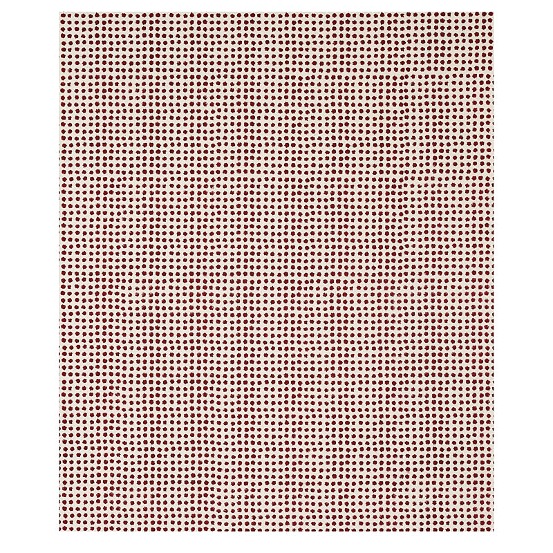 Beige fabric with a dense maroon seed hand-block-printed pattern in a grid-like halftone.