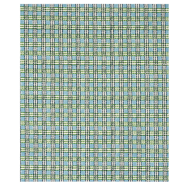 Blue and green trellis hand-block printed fabric in Sky & Grass colorway
