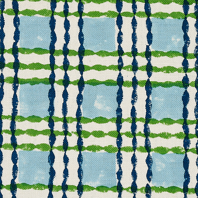 Woven fabric with light blue plaid blocks, dark navy vertical wavy stripes, and lime green wavy accents.