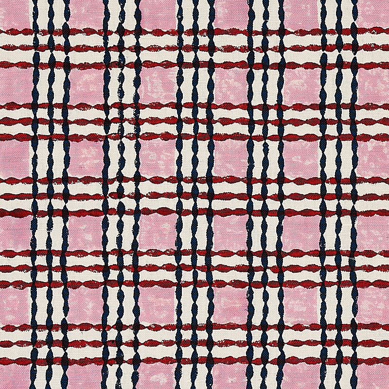 Trellis hand-block-printed fabric in rose and midnight colors; lattice pattern, suitable for fashion or upholstery.