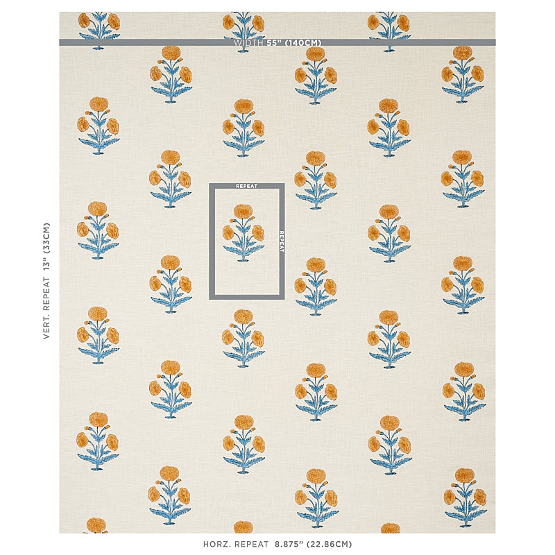 SCHUMACHER FABRIC  MOLLY MAHON POPPY HAND BLOCK PRINT   MUSTARD & SKY   - 179841