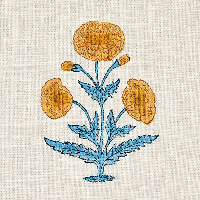 SCHUMACHER FABRIC  MOLLY MAHON POPPY HAND BLOCK PRINT   MUSTARD & SKY   - 179841