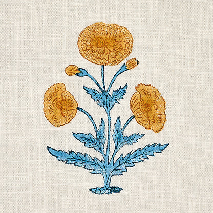 SCHUMACHER FABRIC  MOLLY MAHON POPPY HAND BLOCK PRINT   MUSTARD & SKY   - 179841
