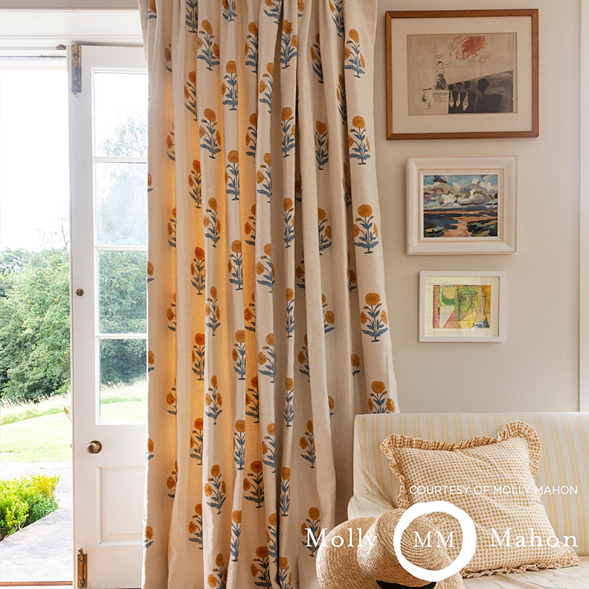 SCHUMACHER FABRIC  MOLLY MAHON POPPY HAND BLOCK PRINT   MUSTARD & SKY   - 179841