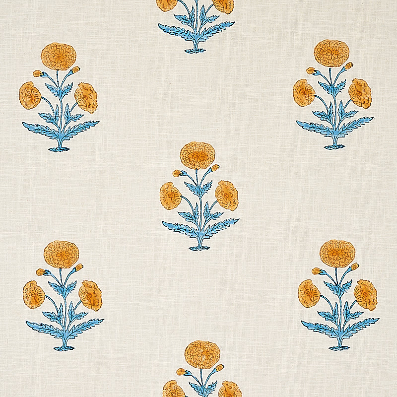 SCHUMACHER FABRIC  MOLLY MAHON POPPY HAND BLOCK PRINT   MUSTARD & SKY   - 179841