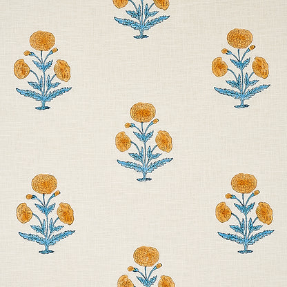 SCHUMACHER FABRIC  MOLLY MAHON POPPY HAND BLOCK PRINT   MUSTARD & SKY   - 179841
