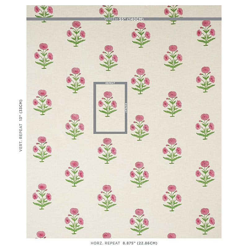 SCHUMACHER FABRIC  MOLLY MAHON POPPY HAND BLOCK PRINT   ROSE & GRASS   - 179842