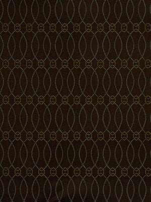 Dark brown jacquard fabric with interlocking silver-gray loops & small gold dots, repeating lattice pattern.
