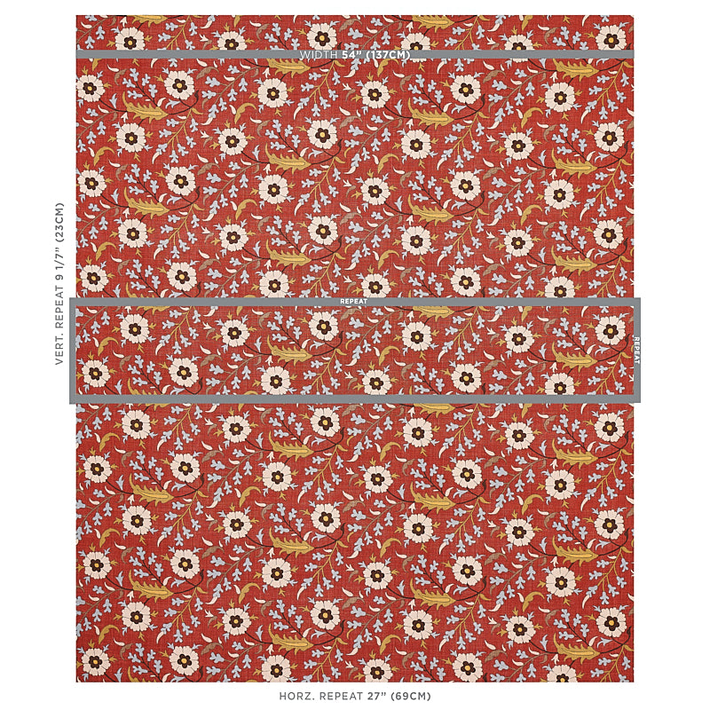 Red floral fabric with white daisies and gold leaves; repeating vine pattern with layout lines showing vertical and horizontal repeats.