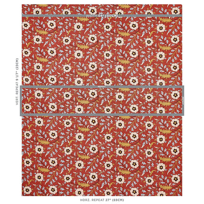 Red floral fabric with white daisies and gold leaves; repeating vine pattern with layout lines showing vertical and horizontal repeats.
