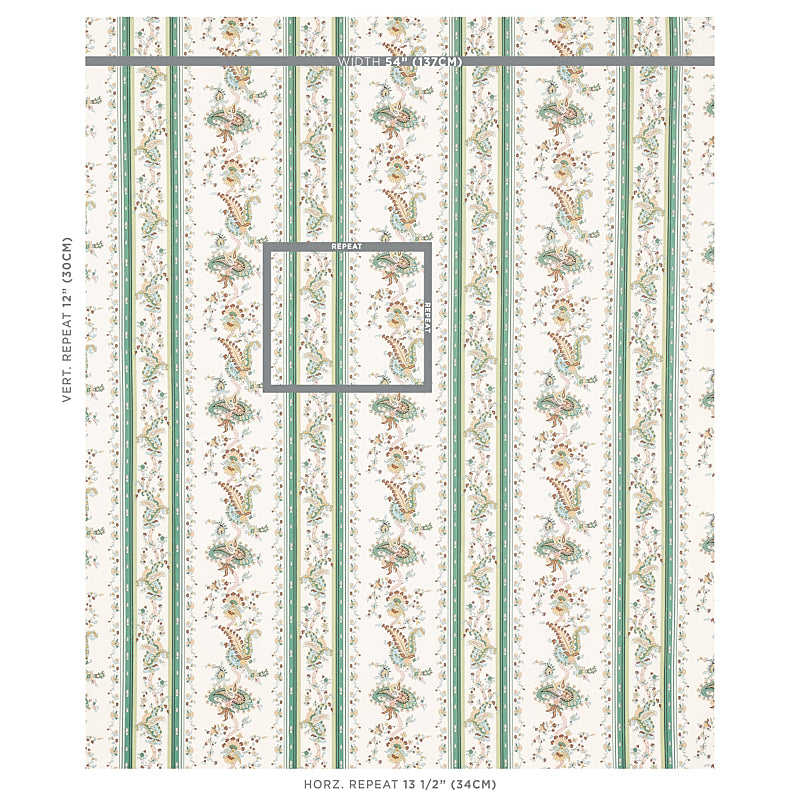 Cream wallpaper with green paisley stripe prints and teal and gold motifs; vintage repeating stripe pattern.