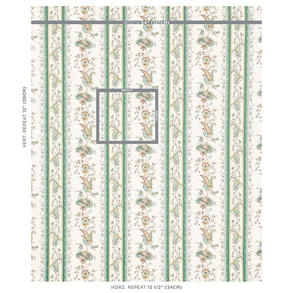 Cream wallpaper with green paisley stripe prints and teal and gold motifs; vintage repeating stripe pattern.