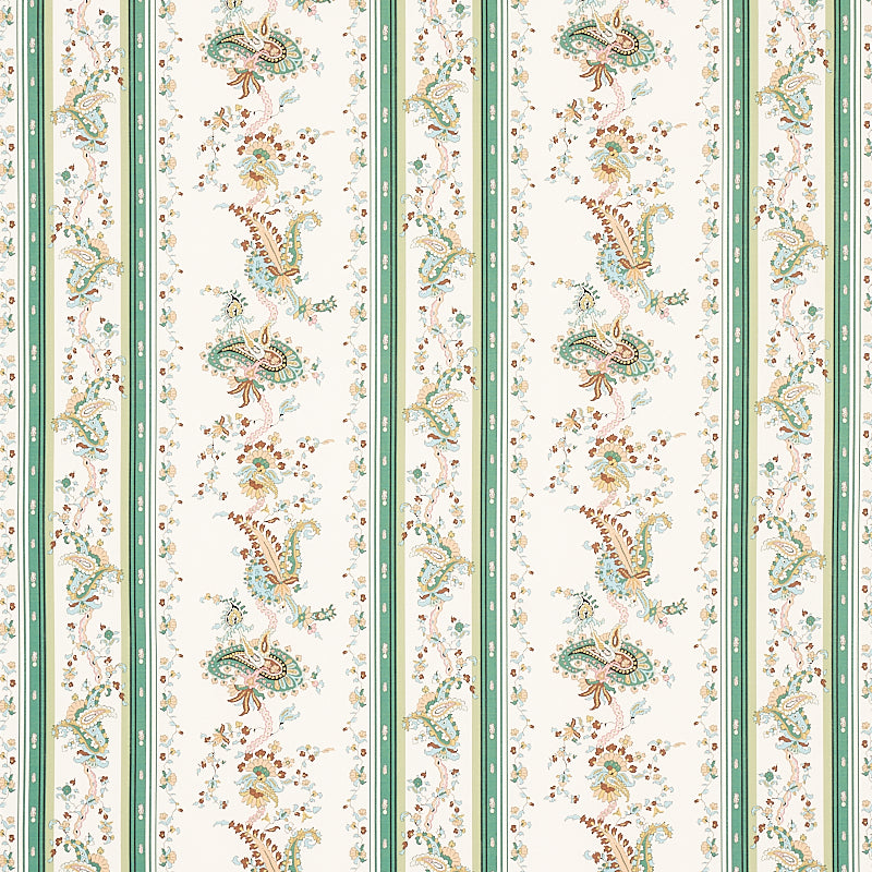 Floral striped wallpaper with cream background, green vertical stripes and peach-teal paisley motifs with gold accents.