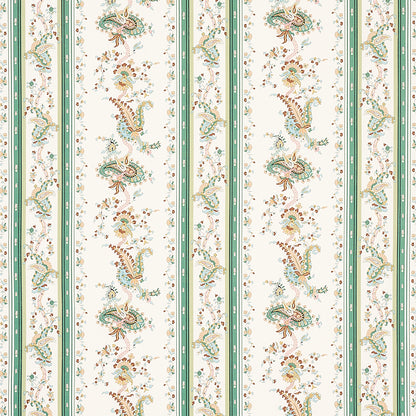 Floral striped wallpaper with cream background, green vertical stripes and peach-teal paisley motifs with gold accents.